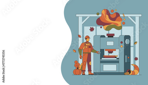 Manufacturing worker operates machinery surrounded by fall harvest decor and seasonal colors