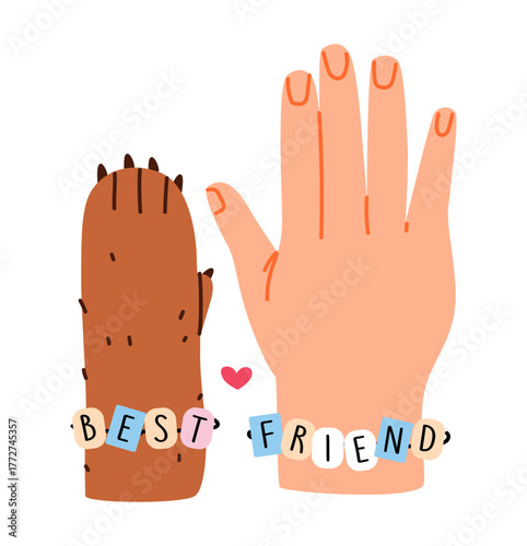 Pets paw and the pets owners hand in identical bracelets are best friends. Animal adoption. Flat illustration.