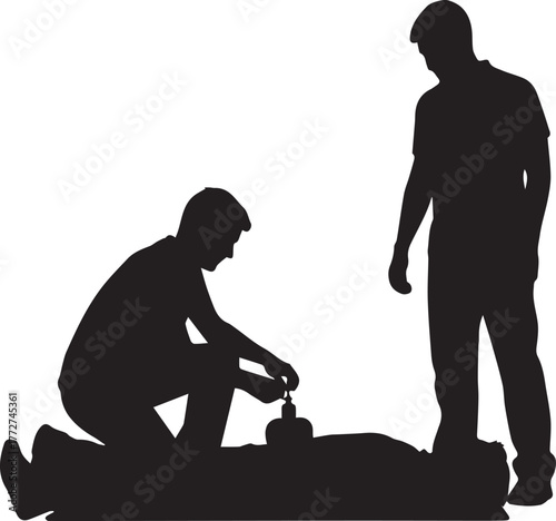 Silhouettes of two men demonstrating first aid cpr techniques for international volunteer day celebration