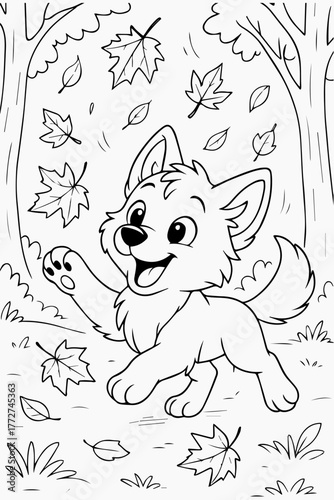 Autumn Fun A Playful Wolf Pup Coloring Page with Falling Leaves