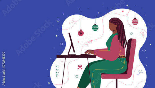 Festive remote work Black woman busy on computer during Christmas holidays