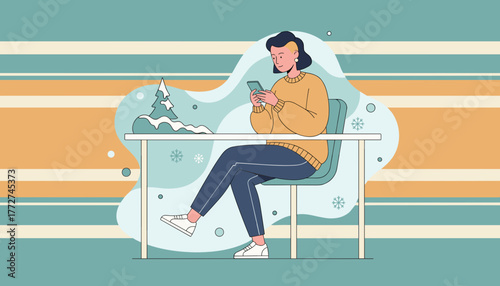 Modern woman texts on smartphone at table with winter background Connectivity leisure and holidays