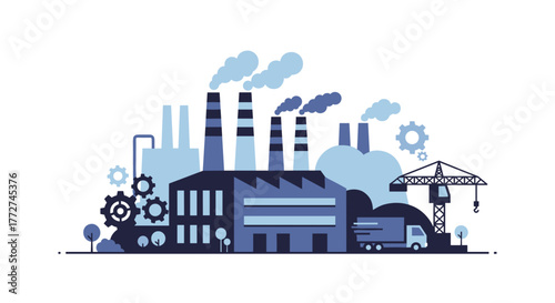 Industrial factory illustration with smokestacks gears crane and truck Manufacturing and logistics