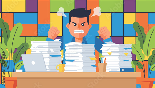 Furious employee overwhelmed by stacks of documents representing work overload and stress