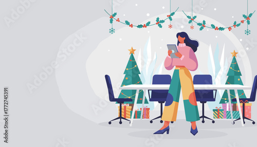 Businesswoman uses a tablet in a festive office meeting room with Christmas decorations