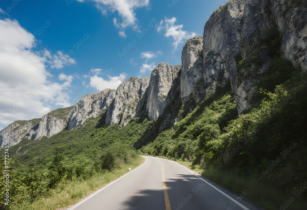 Naklejka premium Winding Mountain Road Through Majestic Rocky Cliffs