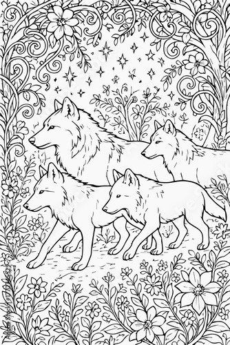 Captivating detailed line art illustration depicting a majestic wolf family navigating an enchanted forest, surrounded by intricate floral patterns and sparkling celestial elements