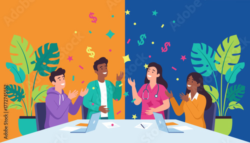 Diverse team celebrating success and financial bonuses with confetti and dollar signs
