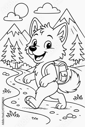 Cute cartoon wolf hiking in mountains with backpack, children's coloring page