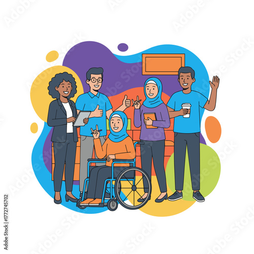 Diverse team smiling including disabled woman showing inclusion unity and professional accessibility