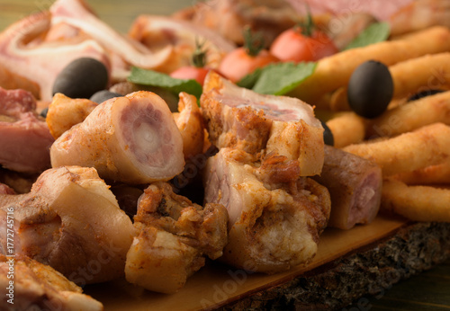 Fotomural assorted pork meat on a wooden bottom