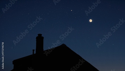 Nighttime silhouette of a rooftop featuring a chimney and a glowing attic window beneath a starry sky with the moon