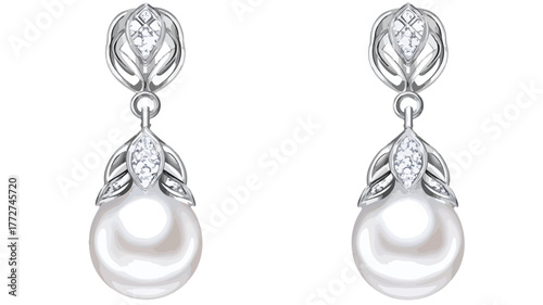 Elegant Silver Earrings with Pearl and Diamond Design Vector