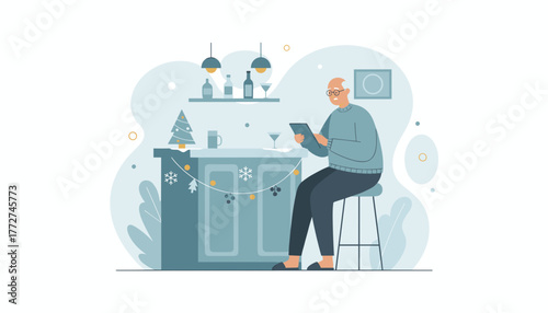 Happy senior man uses digital tablet at home bar decorated for winter holidays