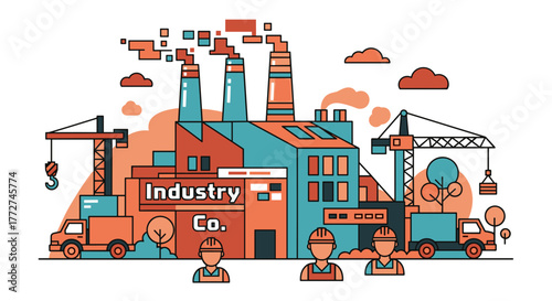 Stylized industrial factory illustration with smokestacks construction cranes logistics trucks and workers