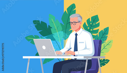 Mature professional typing on computer in a modern vibrant office setting