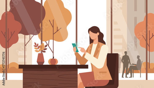 Business professional using mobile phone in a stylish autumnal setting