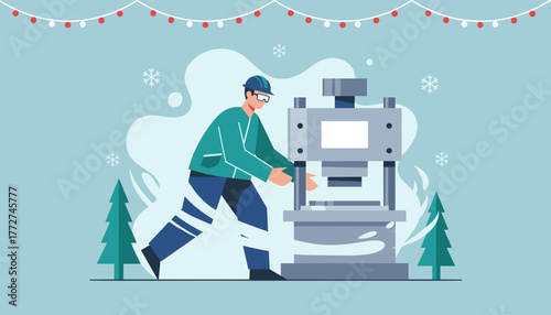 Industrial worker operating heavy machinery during winter holiday season Manufacturing concept