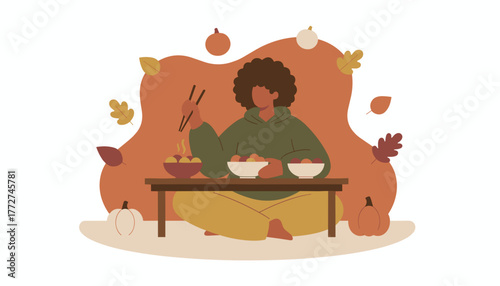 Cozy person eating traditional festival food with chopsticks celebrating autumn surrounded by pumpkins and leaves
