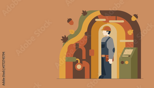 Worker performing fall maintenance on underground infrastructure or heating system