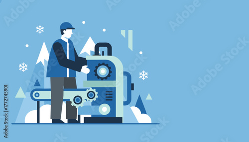 Industrial technician operates machinery in a snowy mountain setting Winter industry illustration