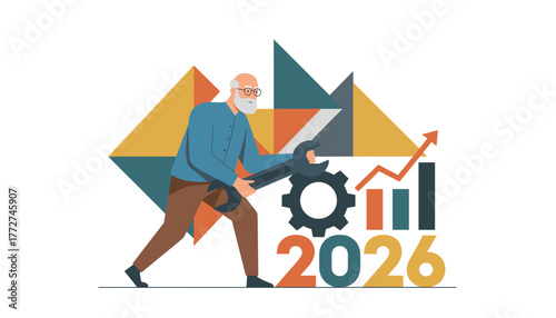 Senior man adjusts gear with wrench symbolizing business strategy and growth plan for 2026
