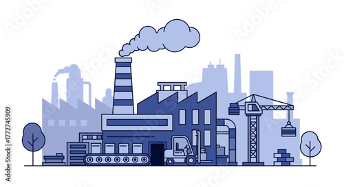 Blue illustration of industrial factory complex with smokestack crane and logistics in an urban setting