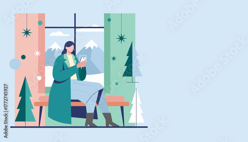 Woman relaxing by window with mountain view using smartphone Winter vacation and technology