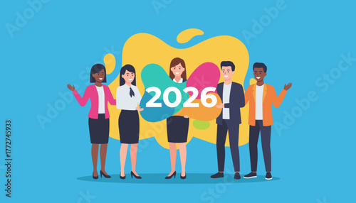 Diverse team holding 2026 graphic symbolizing business planning and future success