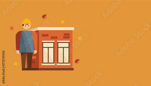 Construction worker next to brick building Autumn renovation or real estate flat vector illustration