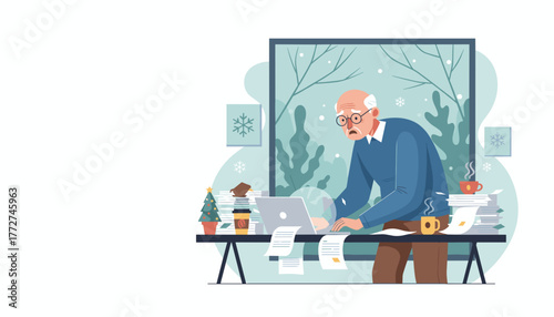 Stressed senior man working on a laptop at a cluttered desk during winter holidays