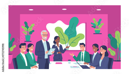 Diverse team presentation in a vibrant modern conference room Business strategy meeting