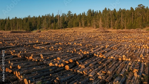 Fototapeta Naklejka Na Ścianę i Meble -  Cut down timber arranged in piles in a field