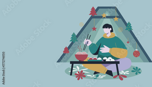 Person eating noodles and dumplings in a cozy festive setting Holiday celebration illustration