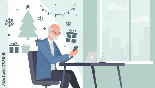Senior executive texting on phone at desk with Christmas tree Holiday business work
