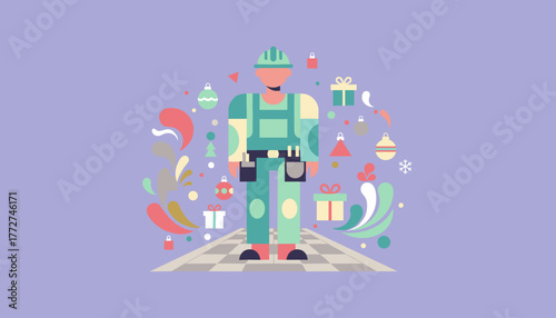Essential worker enjoying holiday cheer Flat illustration of a builder with Christmas gifts
