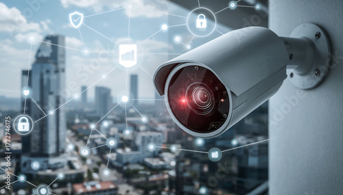 Convergence of modern technology from cybersecurity and cctv surveillance over a smart city to futuristic holographic drones and neon-lit cyberpunk computing, alongside high-speed global logistics bg