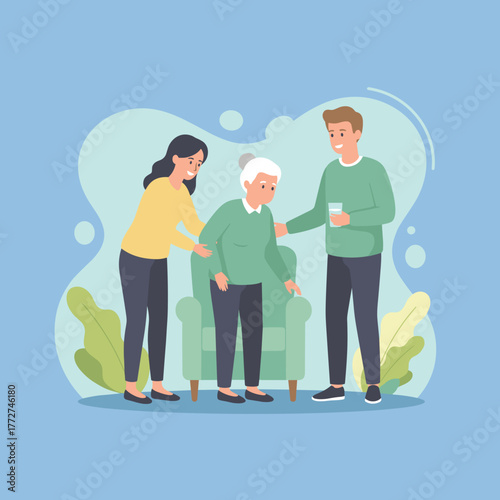 Adult children helping elderly mother sit in armchair Senior care assistance and family support