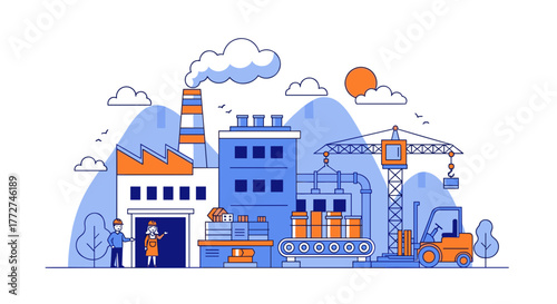 Industrial manufacturing process illustration workers factory buildings crane and conveyor belt