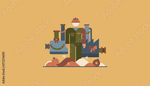 Industrial worker celebrating the Christmas holiday among decorated factory equipment