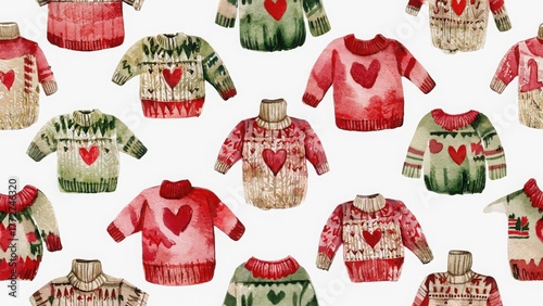 Seamless watercolor pattern featuring knitted sweaters with heart