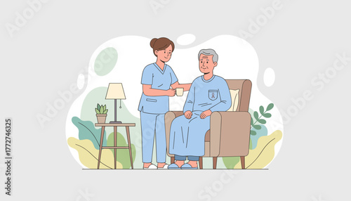Nurse provides compassionate care for senior patient Home healthcare and aging support concept illustration