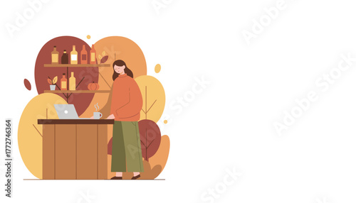 Woman working on laptop at an autumnal counter with drinks and coffee Cozy remote work illustration