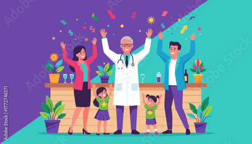 Doctor and family celebrating medical success recovery or graduation with confetti