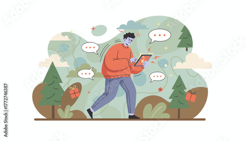 Angry man walking outside dealing with technology frustration and communication overload on a tablet