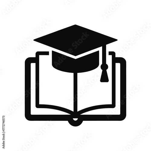 Graduation cap atop open book icon isolated on white background for educational design