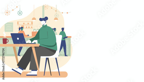 Man working remotely on a laptop in a cozy winter cafe decorated with snowflakes