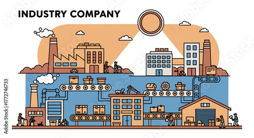 Industrial company illustration factories production lines logistics workers and manufacturing processes