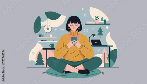 Woman uses phone while sitting on floor cushion in a cozy winter home office Digital lifestyle illustration