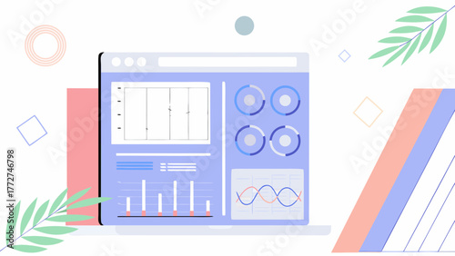 Modern flat design illustration of a digital dashboard displaying various charts and graphs for data analysis and business insights